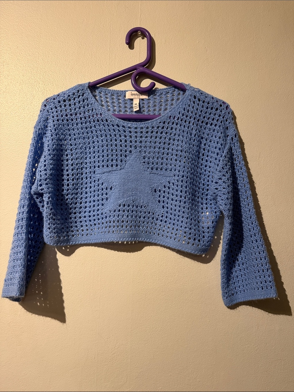 Speechless Sky Blue Cropped Crochet Star Pullover